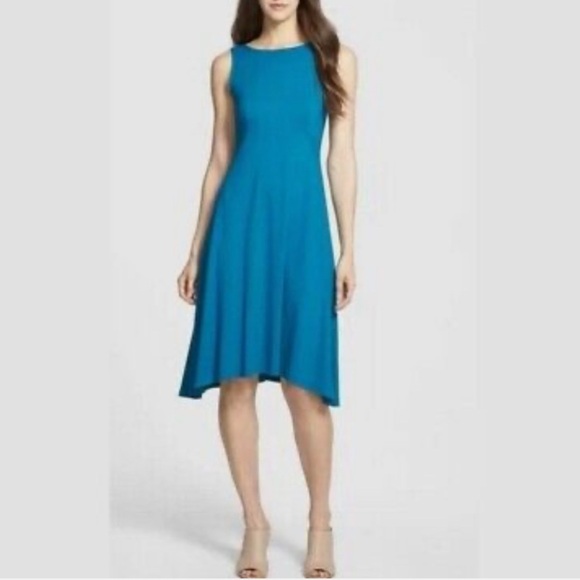 Eileen Fisher Jewel Bateau Neck Jersey Knit Knee Length Asymmetric Dress Size L - Picture 1 of 8